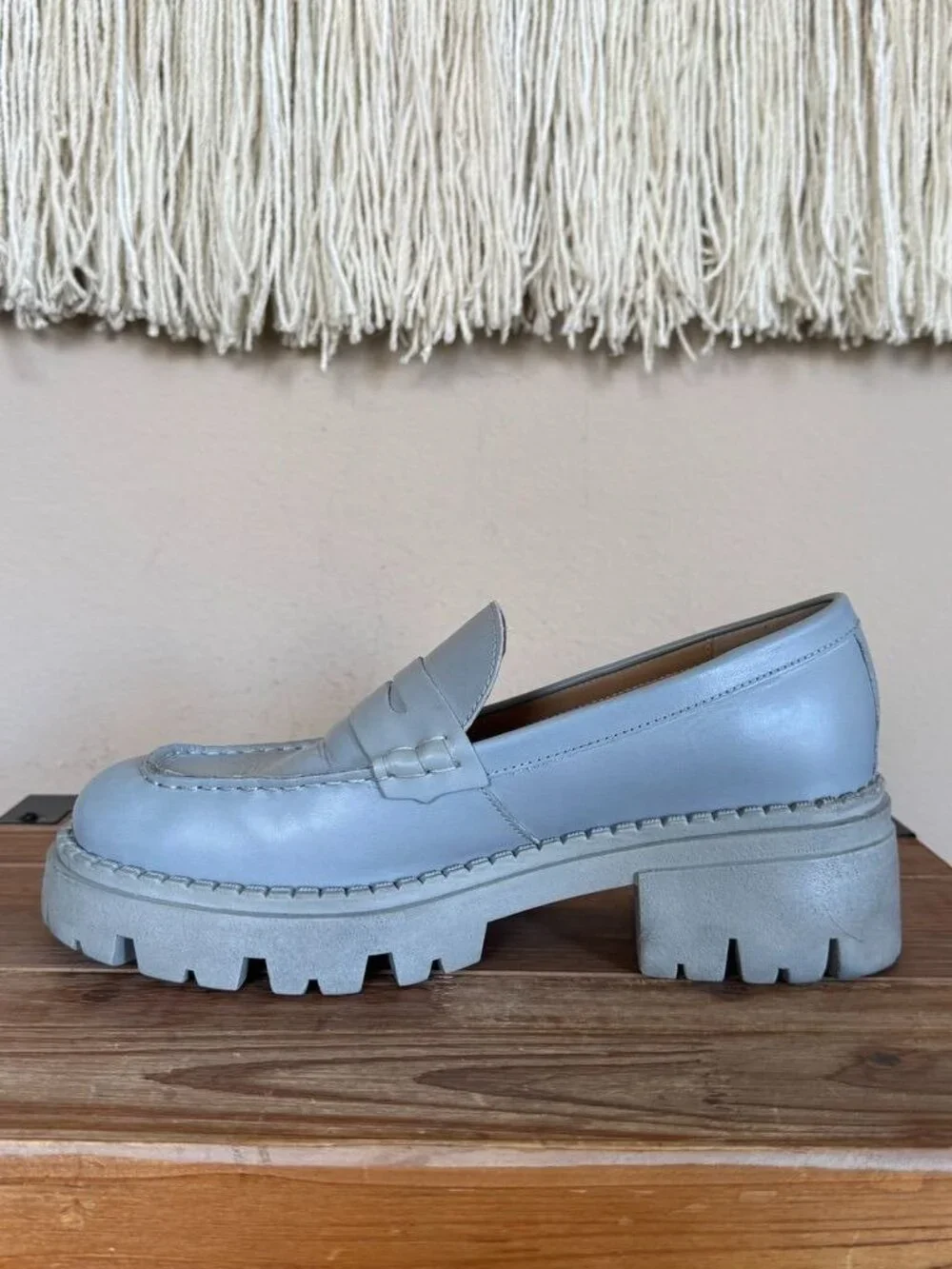 Free People Lyra Dusty Blue Genuine Leather Platform Lug Sole Loafer Size 8/38.5